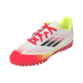 Adidas F50 Club TF Junior Astro Football Boots: White/Black/Yellow