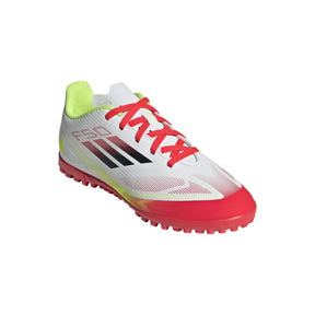 Adidas F50 Club TF Junior Astro Football Boots: White/Black/Yellow