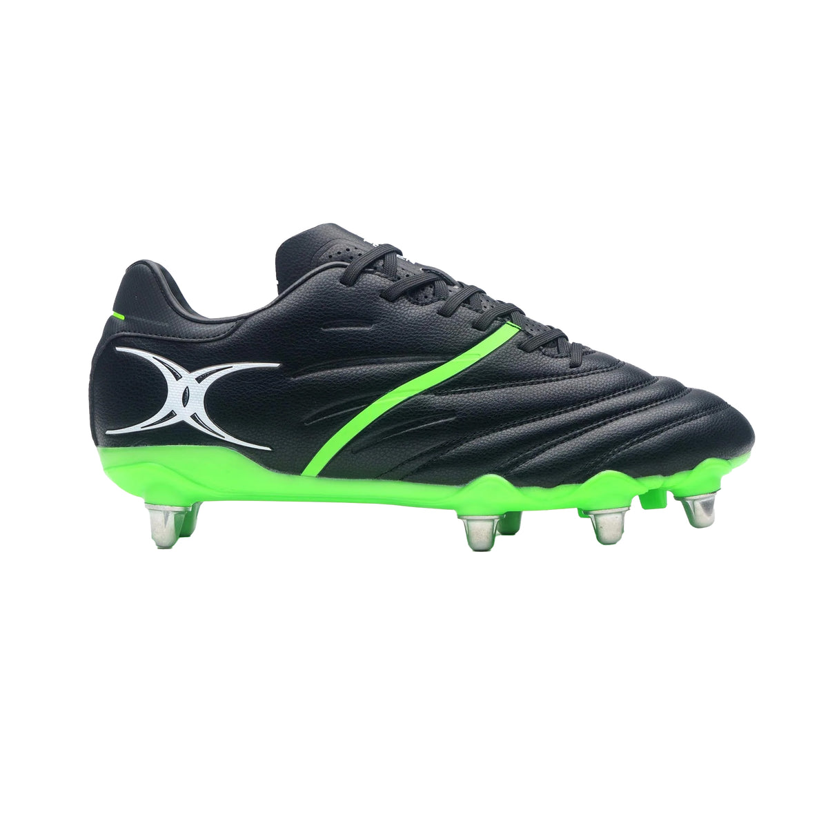 Gilbert Sidestep 8S X20 Power Rugby Boots: Black/Fluo Green