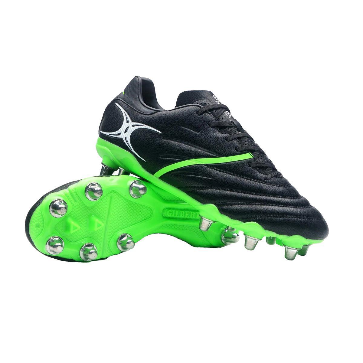 Gilbert Sidestep 8S X20 Power Rugby Boots: Black/Fluo Green