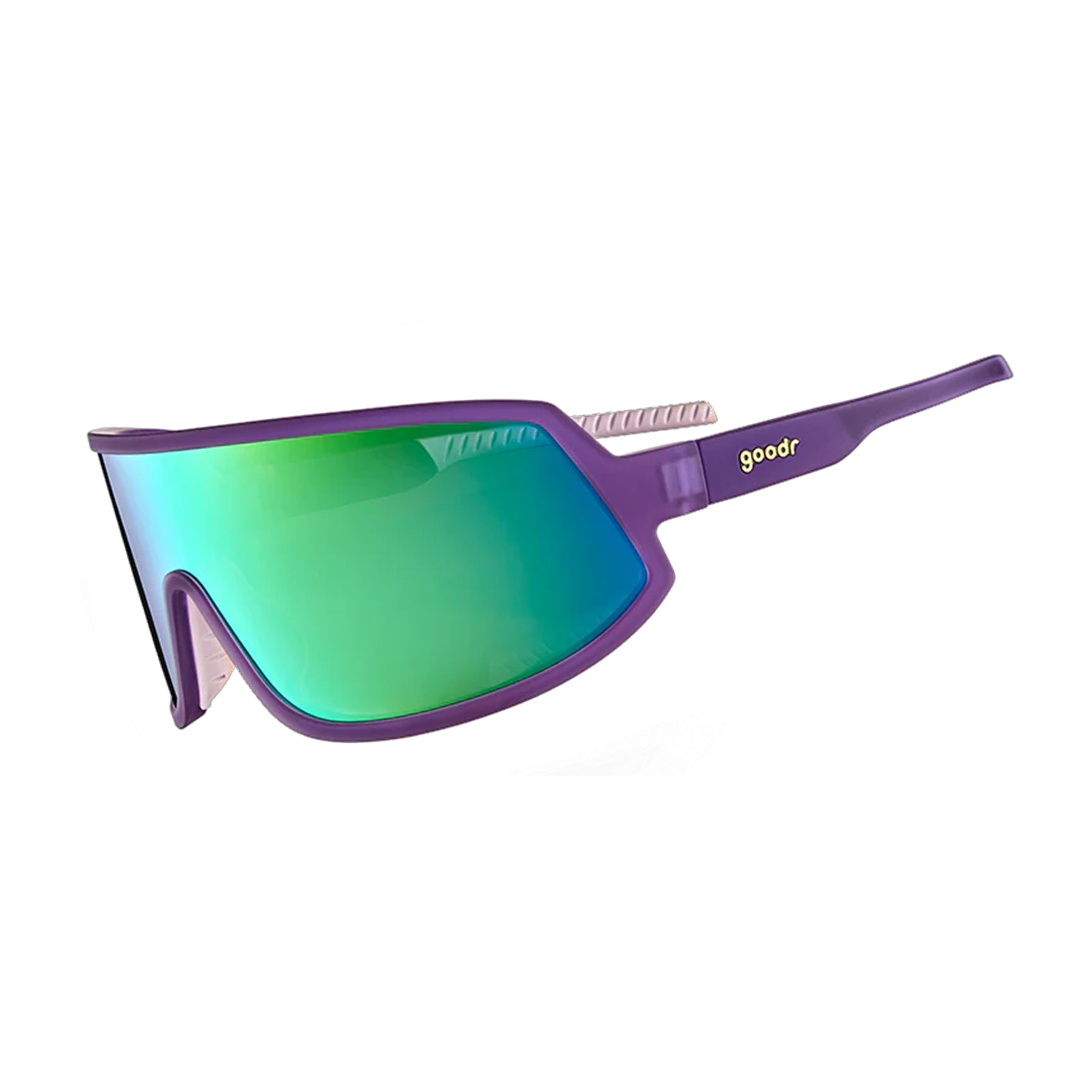 Goodr No Hands Sunglasses Green Yellow Reflective Lenses: Purple Frame