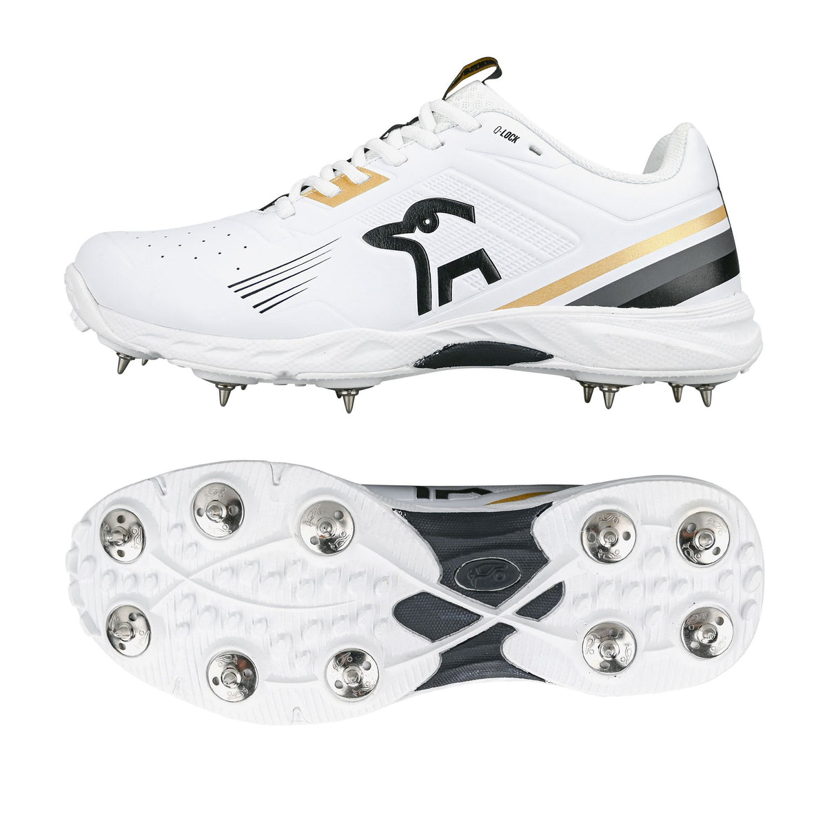 Kookaburra KC 3.0 Junior Spike Cricket Shoes 2025: White/Gold